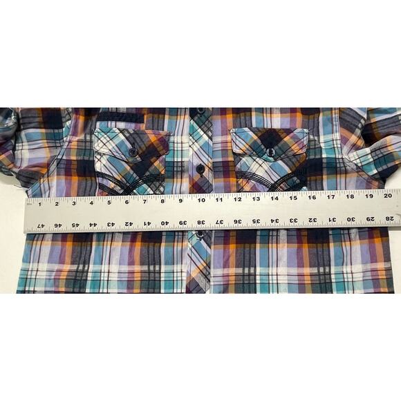 Raw Blue Button Up Shirt Men Size M Blue Purple Short Sleeves Cotton Blend Y2K - Picture 6 of 6